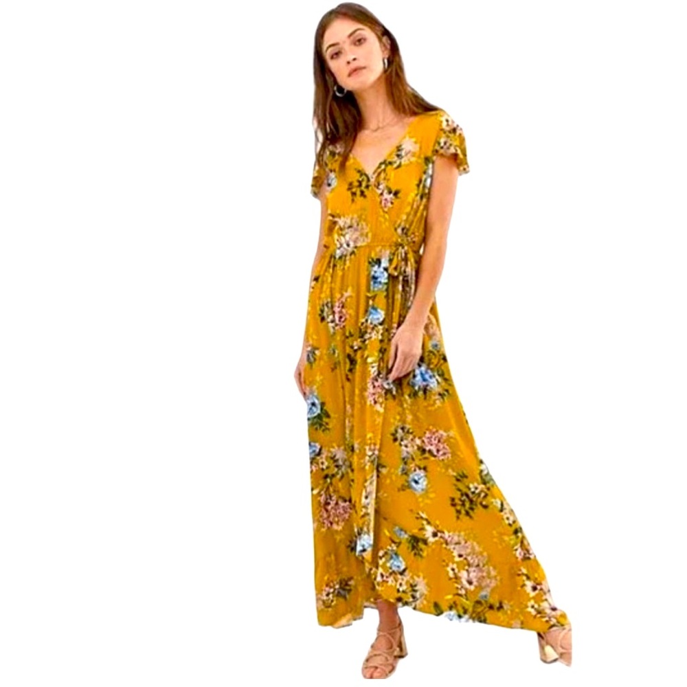 Band Of Gypsies Yellow Floral Wrap Flutter Sleeve Maxi Dress Size L
